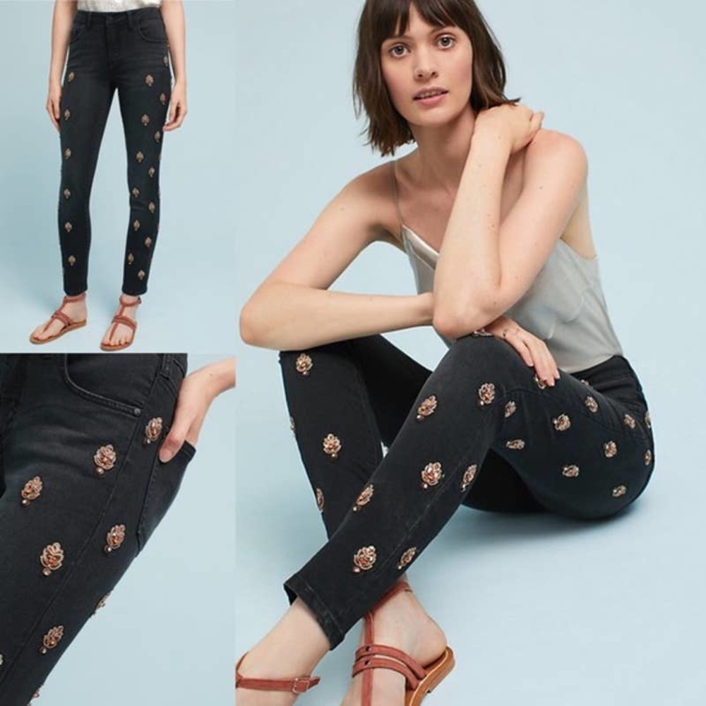 Anthropologie Pilcro Black Script Beaded Jeans 26 - Picture 1 of 9
